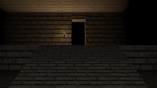 Stone stairs climbing out of a dark pit toward a doorway lit by a single torch