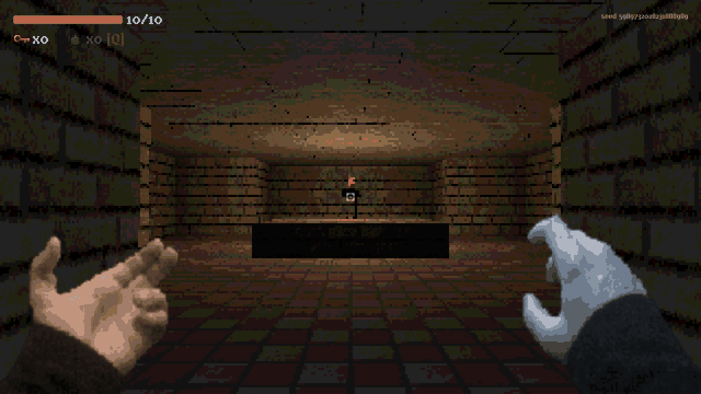Your two hands, one warm and one pale blue, raised in a brick corridor that runs to a single torch